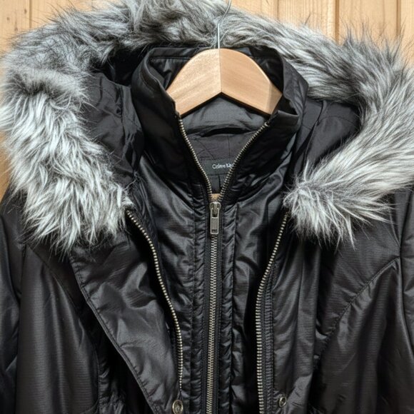 NWT Calvin Klein Womens Black Long Puffer Parka Fur Hood Winter Jacket Coat (S) - Picture 5 of 8